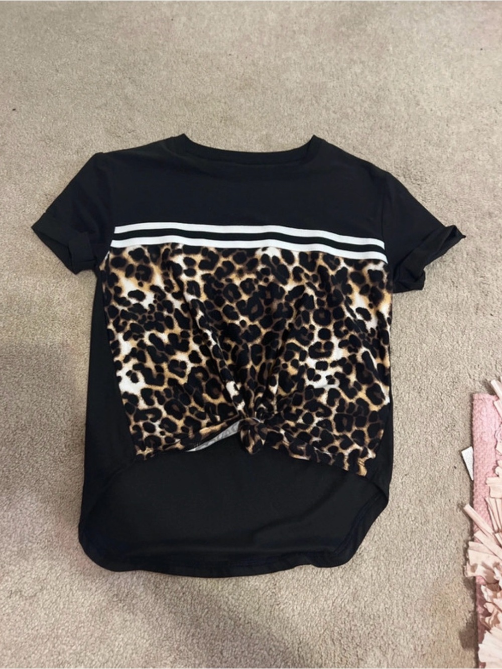 No Boundaries Black Tee with Leopard Panel and Front Knot